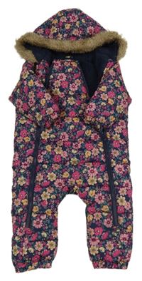 Tmavomodrá šusťáková zimní kombinéza s kytičkami a kapucí F&F