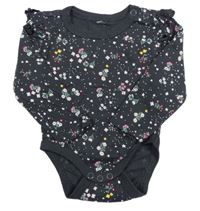 Tmavošedé body s kytičkami a volánky 