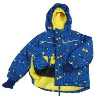 Modro-tmavomodro-žlutá vzorovaná šusťáková zimní bunda s kapucí Lupilu