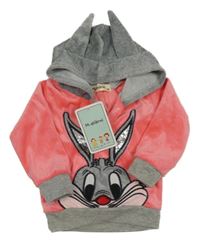 Nové - Světlerůžovo-šedá sametová mikina s Bugs Bunnym a kapucí 