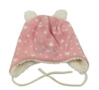 Světlerůžová fleecová zateplená ušanka s kočkou