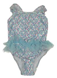 Světlemodro-růžové vzorované jednodílné plavky s tylovými volánky Primark 