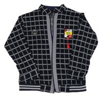 Tmavomodro-biely kockovaný cardigan s nášivkami