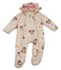 Světlerůžová prošívaná šusťáková zimní kombinéza s Minnie a květy a kapucí PRIMARK