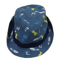 Modrý slaměný klobúk s obrázkami
