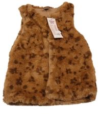Nové - hnedo-tmavohnedá vzorovaná kožušinová podšitá vesta little kids