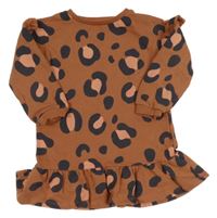 Hnědo-černo-pudrové vzorované teplákové šaty s volánky F&F