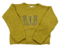 Okrovoolivový sveter s motýlkom Vertbaudet