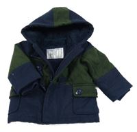 Tmavomodro-khaki flaušový zateplený kabát s kapucí Mothercare