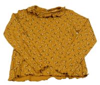 Medové rebrované tričko s kvietkami a volánikom Vertbaudet