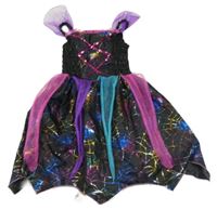 Kockovaným - Čierne šaty s pavučinkami a flitrami a barevným tylem a volánikmi