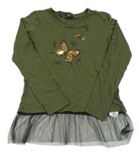 Khaki triko s motýlkem a vážkou s flitry a černým tylovým volánkem bpc