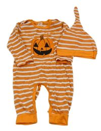 2Set - Oranžovo-biely pruhovaný overal s dýní + čapica