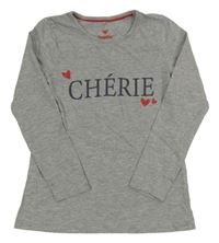 Sivé melírované tričko s nápisom a srdiečkami lupilu