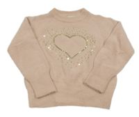 Pudrový chlupatý svetr se srdíčkem z flitrů C&A