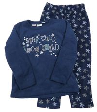 Tmavomodré fleecové pyžama s nápismi a vločkami lupilu