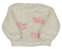 Smotanová chlpatá mikina s ružovými mašľami SHEIN