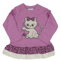 Fialová tunika s kočičkou a volánky se vzorem a madeirou Topomini