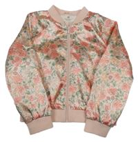 Světlerůžový saténový jarní bomber s květy a jahůdkami H&M
