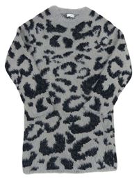 Sivé chlpaté trblietavé svetrové šaty s leopardím vzorom Next