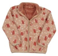 Starorůžová květovaná fleecová zateplená propínací mikina s kočkami