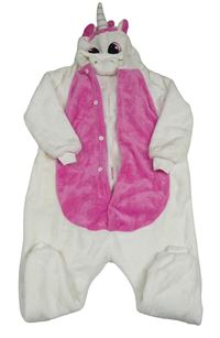 Bielo-tmavoružová chlpatá kombinéza s kapucí - jednorožec