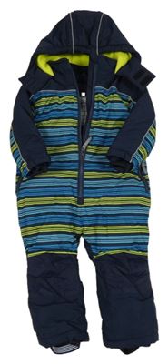 Tmavomodro-modro-zelená šusťáková zimní kombinéza s pruhy a kapucí Topomini