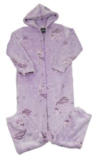 Levandulová chlupatá kombinéza s jednorožci a kapucí