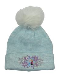 Světlemodrá melírovaná třpytivá pletená čepice s Frozen a bambulí Disney