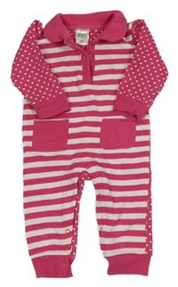 Fuchsiovo-bílý pruhovaný teplákový overal s puntíky Papagino