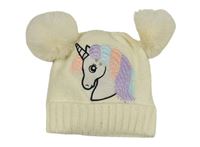 Smetanová pletená čepice s jednorožcem a bambulemi
