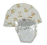 2set - Smotanová bavlnená čapica s králíky + bílé rukavičky s hviezdami