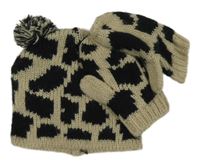 2set - Béžovo-černá vzorovaná pletená čepice s bambulemi + palcové rukavice M&S
