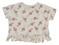 Biele crop tričko s plameňáky a strapcemi Manor