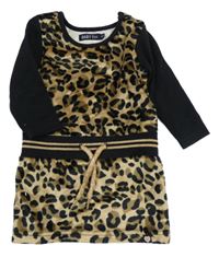Hnedo-čierne plyšovo/teplákové šaty s leopardím vzorom