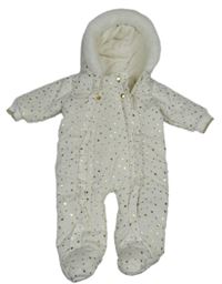 Bielo-zlatá šušťáková zimná kombinéza s hviezdičkami a kapucňou Matalan