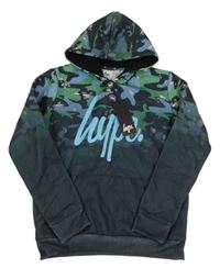Nové - Tmavomodro-zelená vzorovaná mikina s logom a kapucňou zn. Hype