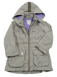 Šedo-bílá pruhovaná plátěná jarní parka s kapsami a kapucí S. Oliver