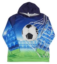 Tmavomodro-modro-zelená sportovní mikina s míčem a kapucí 