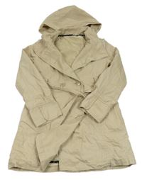 Béžový plátěný lehce zateplený kabát s páskem a kapucí 