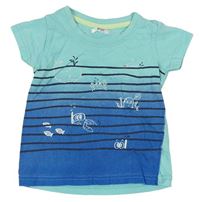 Tyrkysovo-modré tričko s pruhmi a mořskými živočich