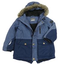 Tmavomodrá šusťáková zimní bunda s kapucí s kožešinou Primark