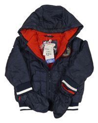 Nové - Tmavomodrá šusťáková zimní  bunda s nášivkou a kapucí + rukavice ZEEMAN