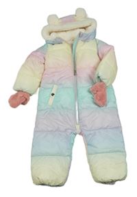 Farebná pastelová šušťáková zimná kombinéza s kapucňou s kožešinou + rukavice Next