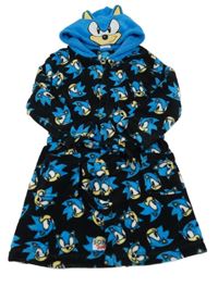 Čierno-modrý plyšový župan so Sonicem a kapucňou