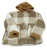 Hnedo-biela kockovaná chlpatá košeľová bunda s kapucňou Shein