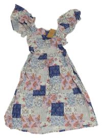 Nové - Bílo-modro-růžové květované patchworkové šaty Next