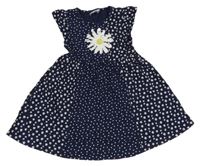 Tmavomodro-biele bodkovaná é kvetované šaty s květem z flitrů Topolino