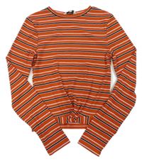 Červeno-bielo-čierne pruhované rebrované crop tričko E-Vie