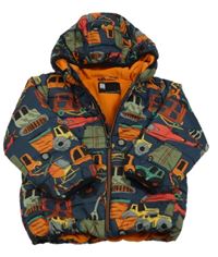 Tmavomodrá šušťáková zimná bunda s autami a kapucňou zn. Next